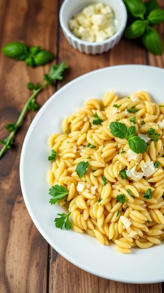 A plate of garlic herb orzo garnished with parsley and parmesan on a rustic wooden table.